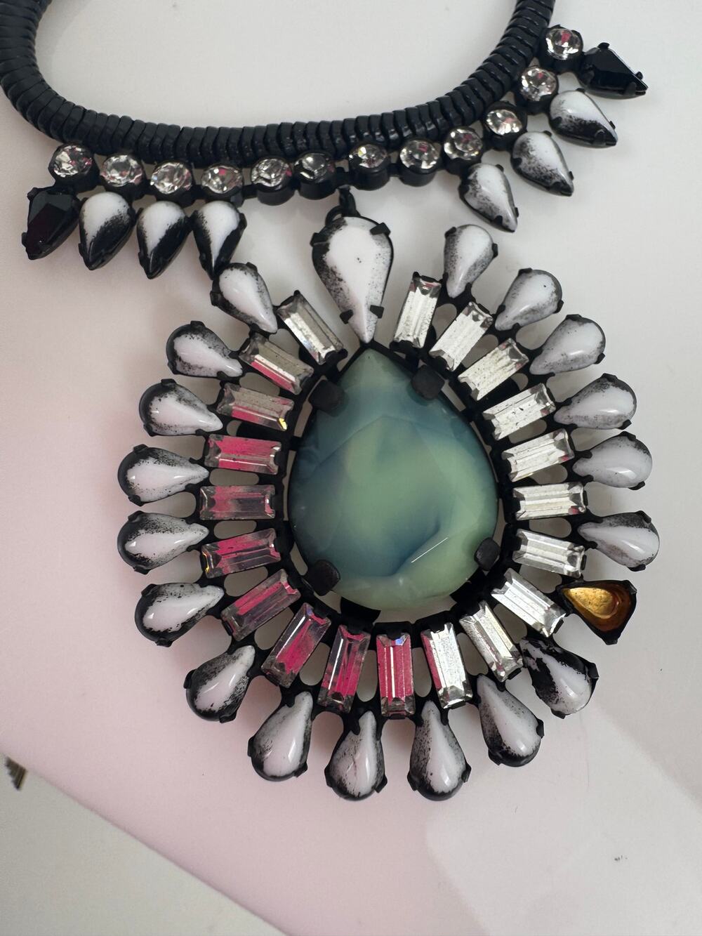 Doug Paulus Statement Necklace Green Cabochon Crystal Baguette